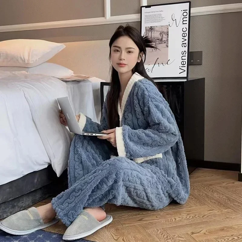 CHUANGERM Women Coral Velvet Pajamas Set 2pcs Autumn Winter Thickened Padded Warm Homewear Cardigan And Trousers For Girls image 2