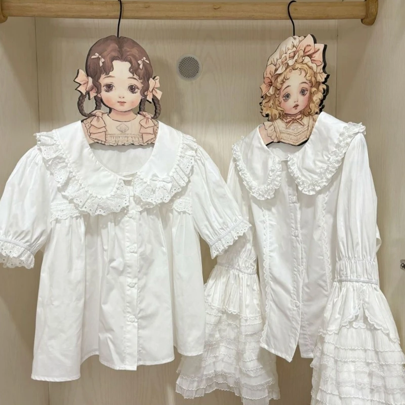 Japanese Kawaii Lolita Style Women Blouses Sweet Lace Peter Pan Collar Detachable Sleeve Shirts Girls Cute Casual White JK Tops