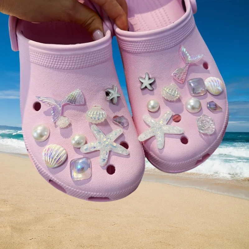 

Fashion Shoe Charms Set Accessories Hole Shoe Buckle Summer Mermaid Shell Pearl Rose DIY Shoes Decorations for Bogg Bag