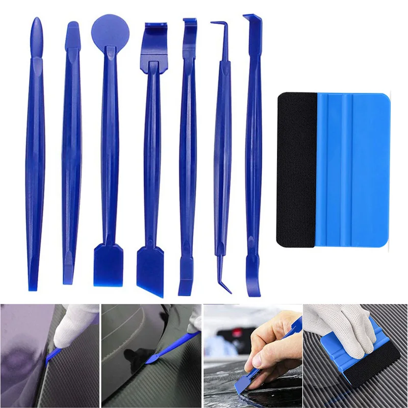 8Pcs Car Vinyl Wrap Film Squeegee Scraper Tools Carbon Fiber Decal Film Installation Edge Trimmer Squeegee Kit Auto Accessories