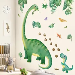 Large Dinosaurs Tropical Green Leaves Wall Sticker Kids Room Bedroom Dino Jungle Forest Wall Decal Playroom Home Decor