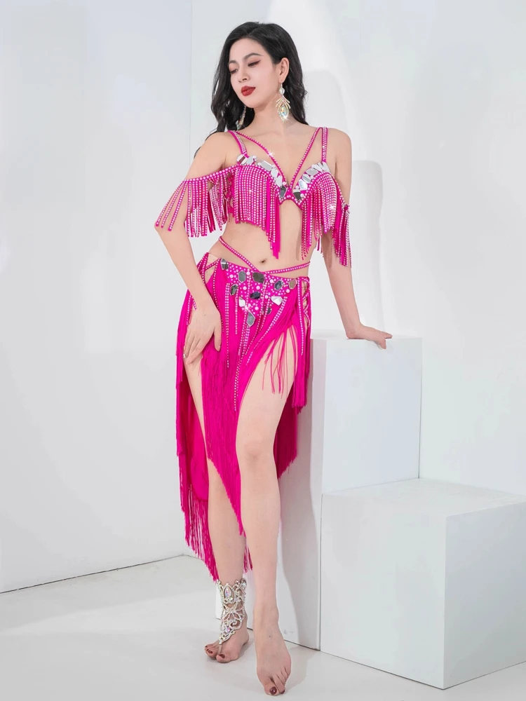 Nuevo estilo traje de actuación de danza del vientre tambor Solo espejo flecos traje de escenario dinámico