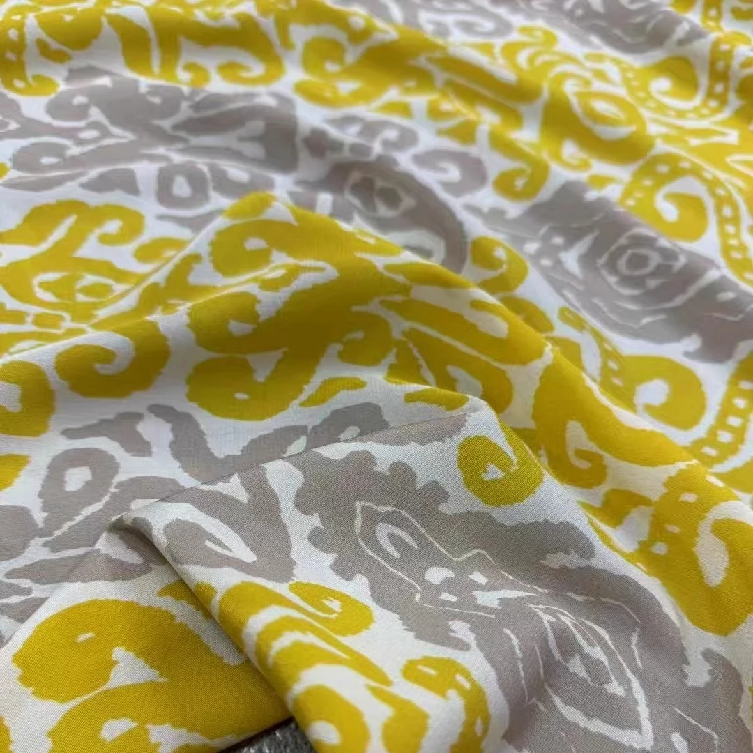 

Желто-серая шелковая крепдешинная ткань с принтом для шитья своими руками, эластичная классическая рубашка, пижамные штаны, ширина 140 см, толщина 18 мм, R2352