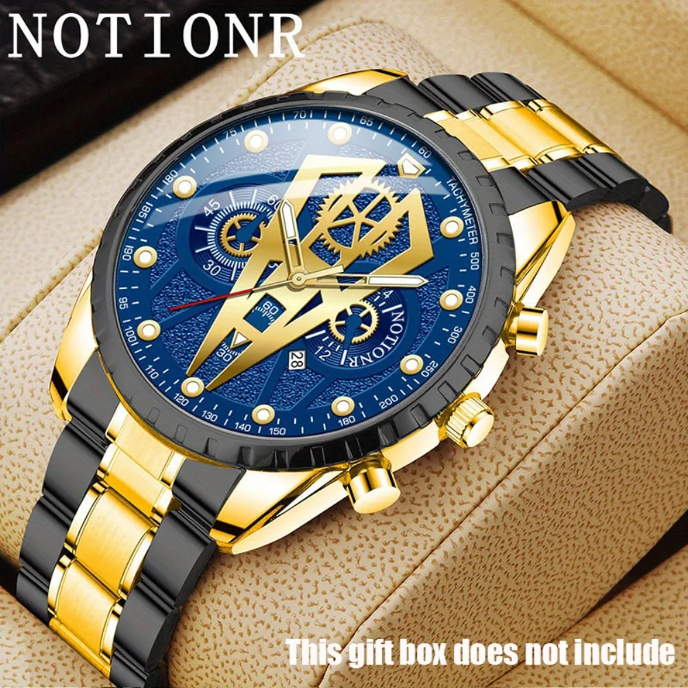 

Мужские деловые модные кварцевые часы с календарем и золотисто-синим циферблатом NOTIONR