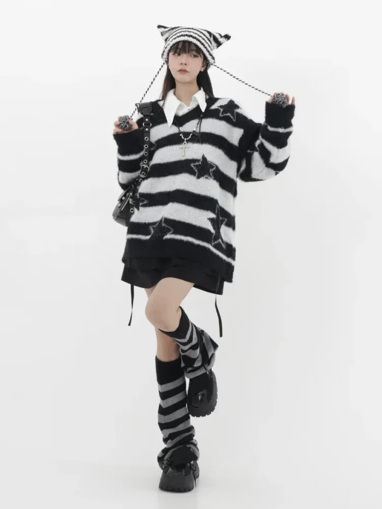 Gotische Lange Trui Vrouwen Herfst Harige Gebreide Truien Y 2K Streetwear Losse Uitgeholde Afneembare Truien Harajuku Sexy Tops