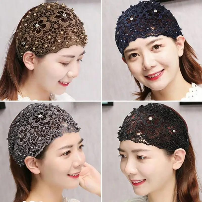 Blumenmuster-Haarband im neuen Stil mit Perlen und breitem Rand für Frauen, effektive Abdeckung für weißes Haar, Haar-Accessoire, Haarband – Detail 4