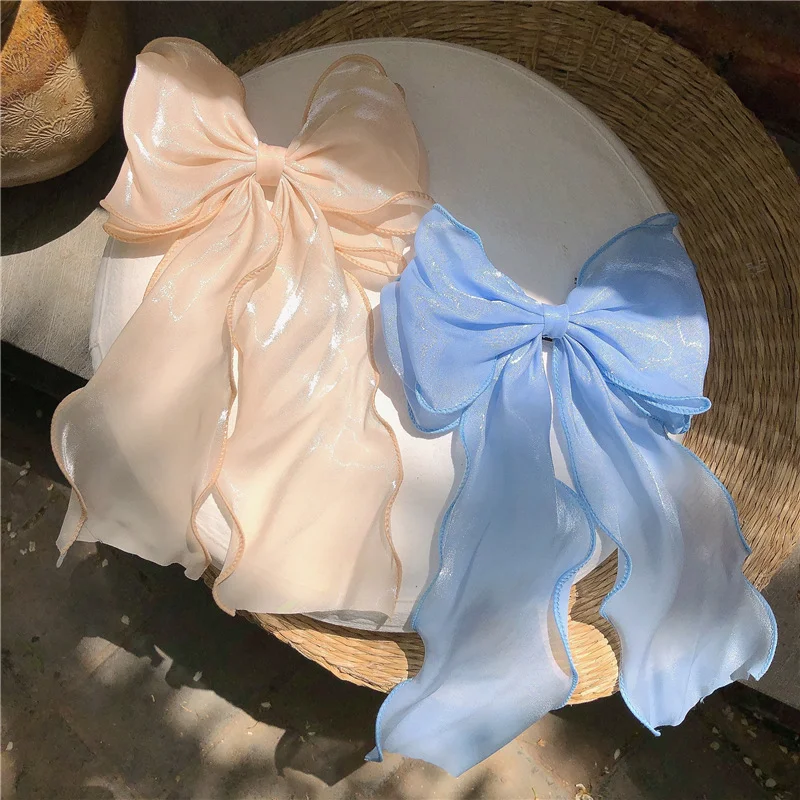 New Women Girls Sweet Blue Shining Satin Bowknot Hair Clip Big Ribbon Bow Barrette Solid Color Scarf Hairpin Grip Ponytail Clip