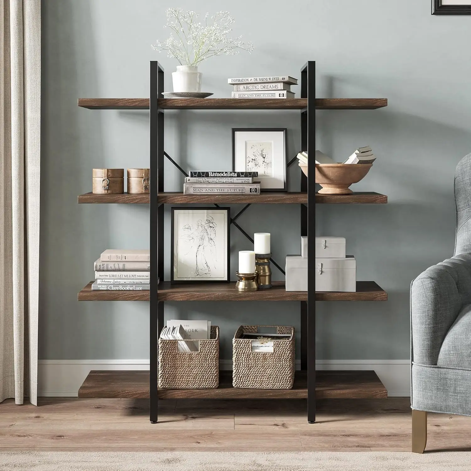 

4 Tier Modern Rustic Industrial Bookshelf, Open Wide Office Etagere Book Shelf, Wood and Metal Bookcases with, Customized