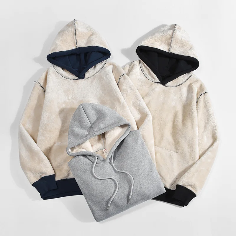 ملابس الخريف والشتاء مع هوديس من الصوف، ملابس رجالية سميكة بقلنسوة بلون سادة كاجوال دافئة للزوجين، بلوفر فضفاض بغطاء للرأس