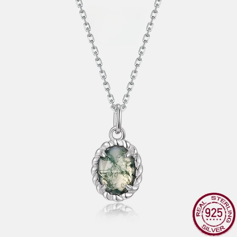 

New S925 Pure Silver Simple Water Grass Agate Pendant Set with Green Moss Stone Clavicular Chain Wedding Jewelry