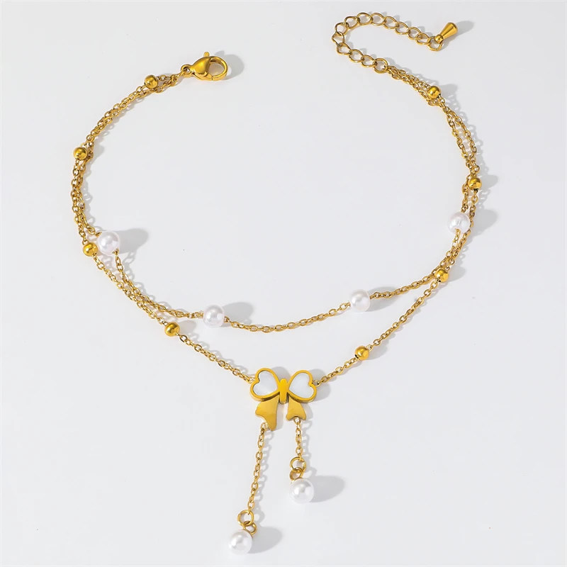 316L Stainless Steel 2025 New Fashion Jewelry Beach Style Embed Seashells Butterfly Pearl Tassel Charm Anklets Chain For Women