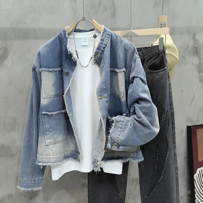 

Retro Waed Distred Denim Jaet Men's Autumn Loose Fit adient Color Blo Design Youth Casual Long Sve round Ne