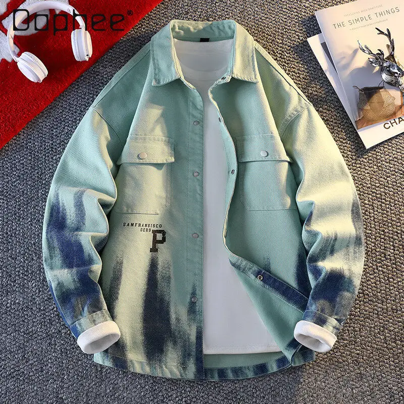 

2025 Spring and Autumn New Green Beige Blue Letter Print Workwear Denim Jacket Coffee Gray Tie-Dye Casual Loose Coat