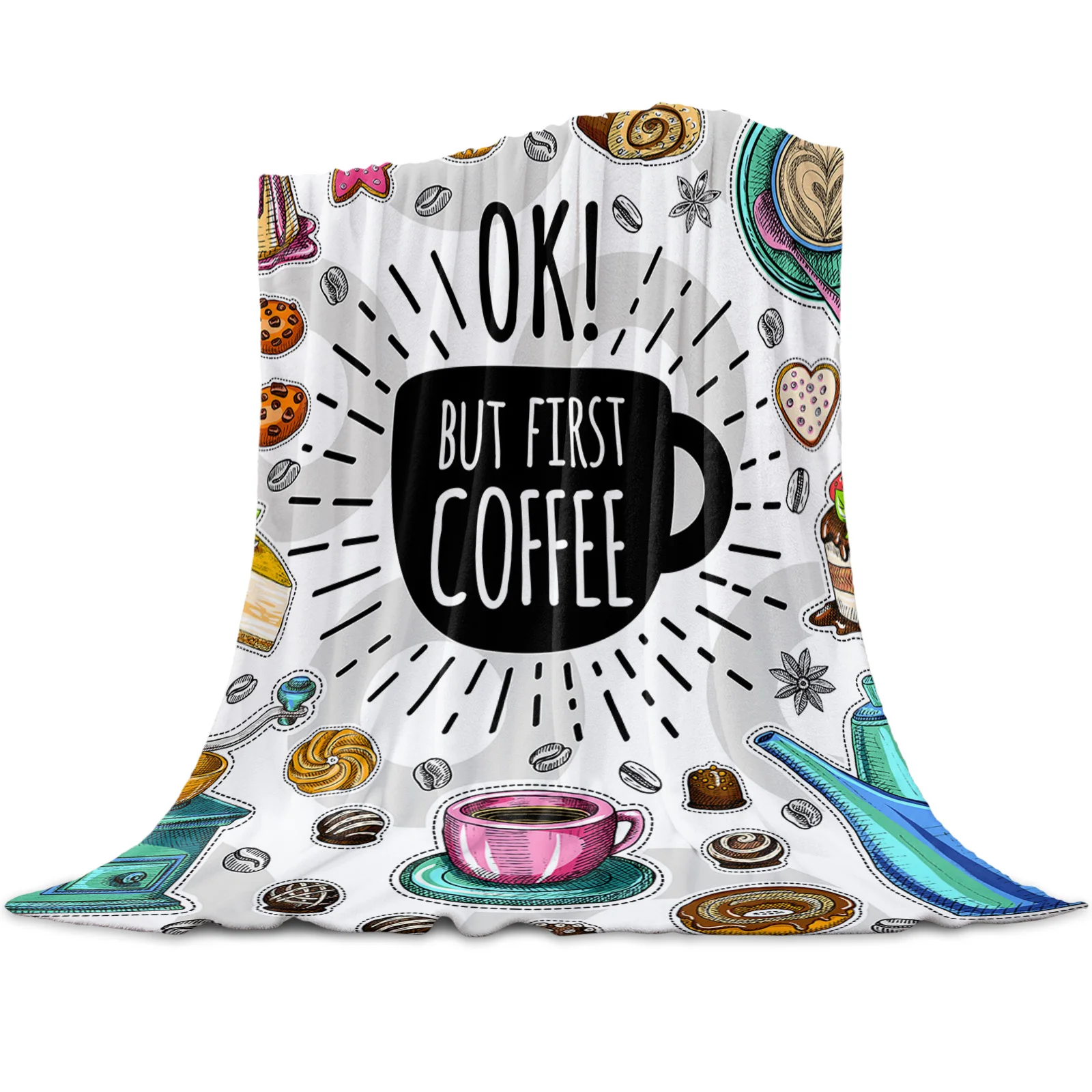 Coffee Cup Cake Dessert Printed Throw Blanket Flannel Fleece Blankets Warm Soft Throws for Sofa Couch Bed Bedroom Bedspread