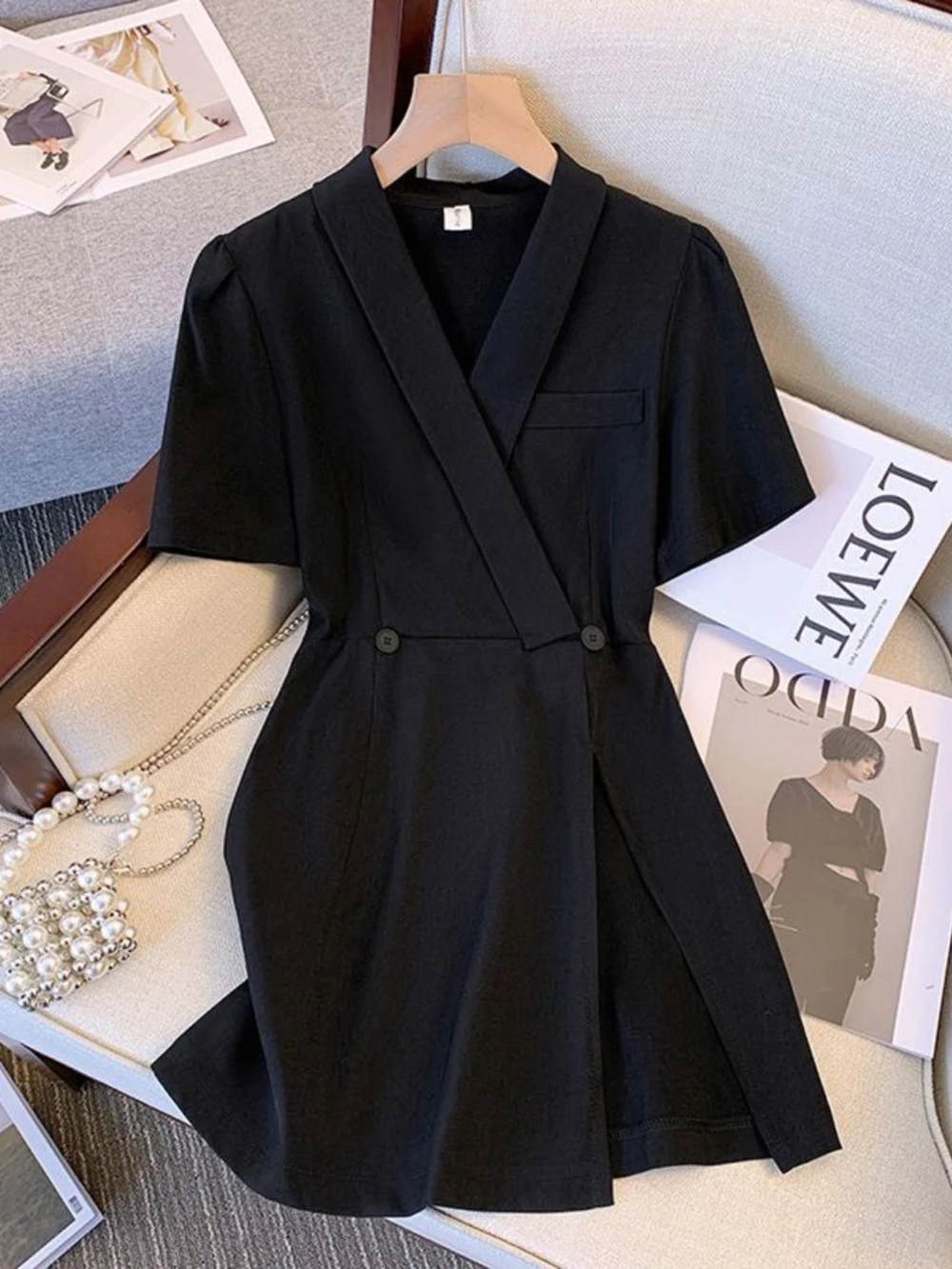 Fashion Solid Color Women Casual Suit 2pc Set 2024 Elegant Long Summer V-neck Slim Fit A-line Dress+Side Zipper Shorts Inner