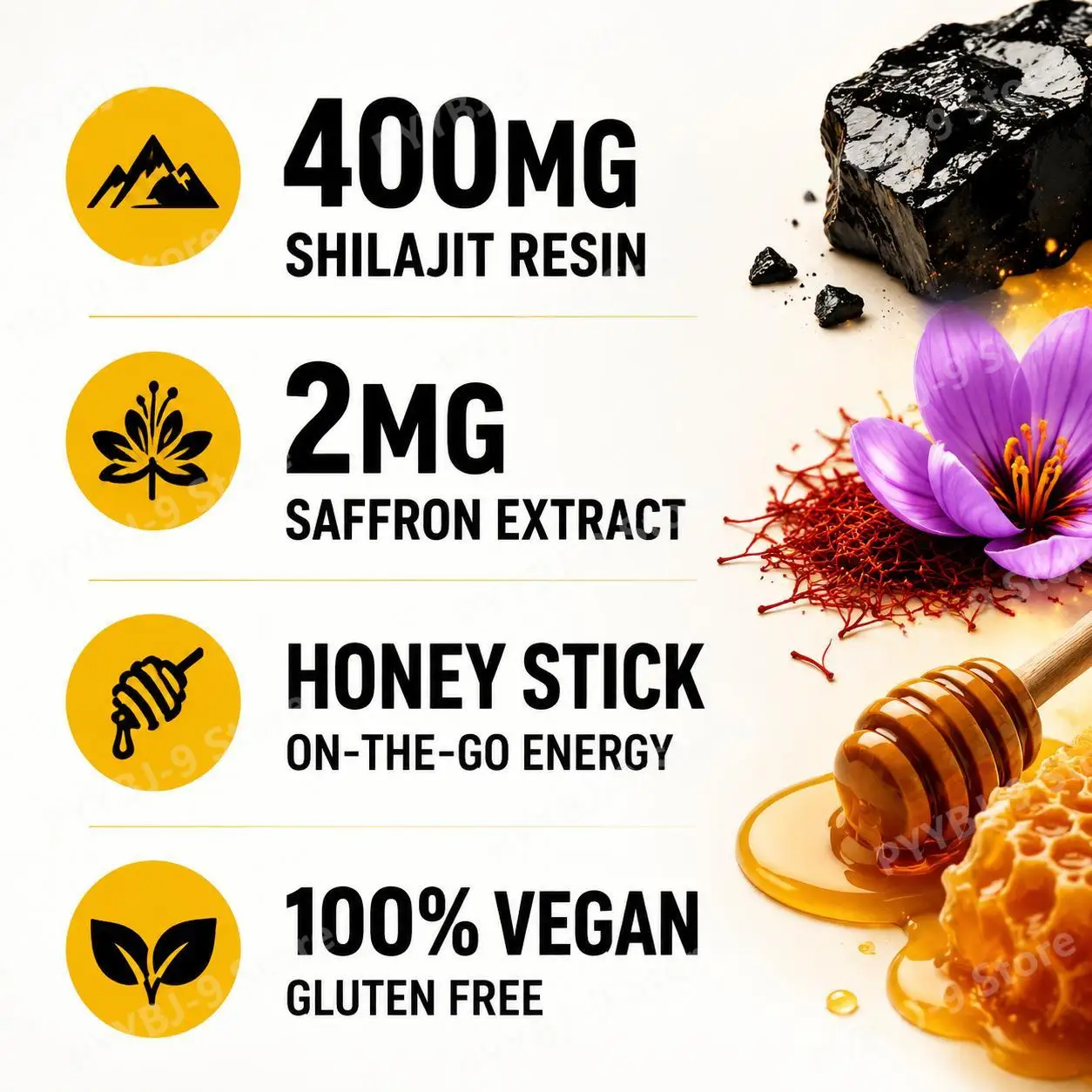 Pure Himalayan Shilajit Honey Sticks for On-The-Go Energy with Shilajit Resin 400mg and Saffron 2mg, Vegan, 30 Sticks