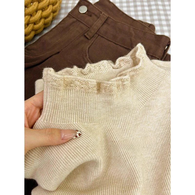 الخريف الشتاء طبقات لينة تصميم الإحساس سترة نصف عالية طوق مذهل الدانتيل محبوك قميص طويل الأكمام قاعدة المرأة