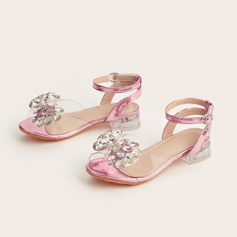 أحذية أطفال كاجوال أحذية بكعب منخفض مفتوحة من الأمام كريستال بولي PU أحذية ربيعية من الجلد للفتيات أحذية مضادة للانزلاق باللون الوردي والأزرق مقاس 27-36