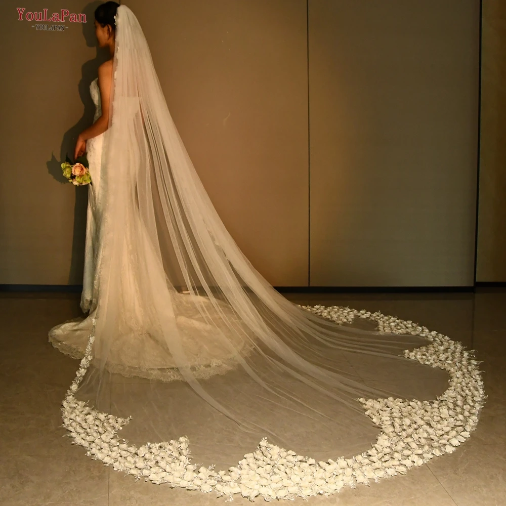 

YouLaPan 3D Flower Wedding Veil Single Layer Luxury Bridal Veil Cathedral Wedding Veil with Hair Comb Bridal Headpiece V03