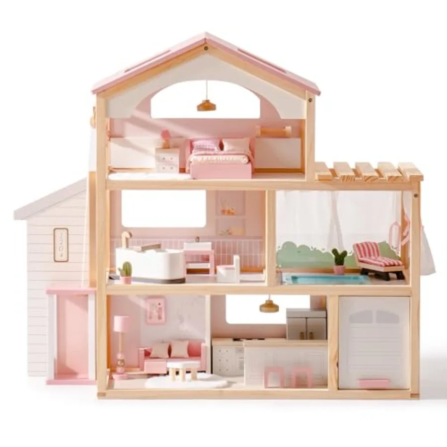 

Wooden dollhouse for kids ages 3+, pink, with pool and elevator, 6 rooms and 29-piece furniture set, fits 4-6 inch dolls