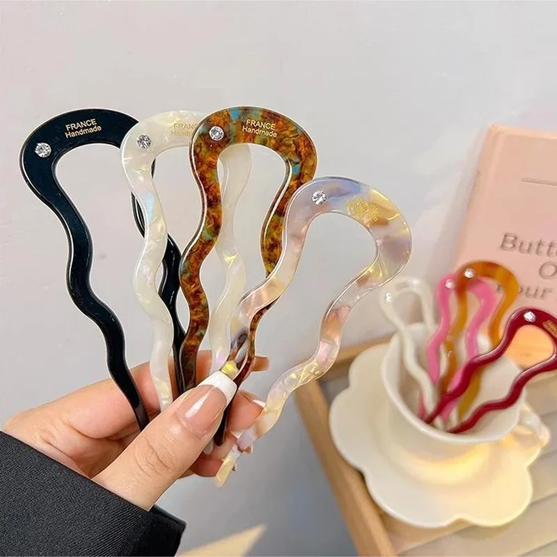 1PC Adult French Twist Hair Stick Acetate Wavy U Shaped Hairpin Vintage Tortoise Shell Women Hair Bun Pin Headwear Accessories