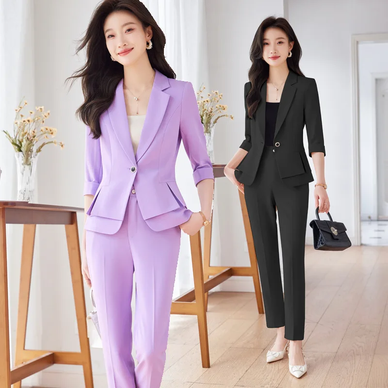 Purple Suit Women's Summer Thin 3/4 Sleeve Small Business Clothing Temperament Goddess Style Work Clothes Summer