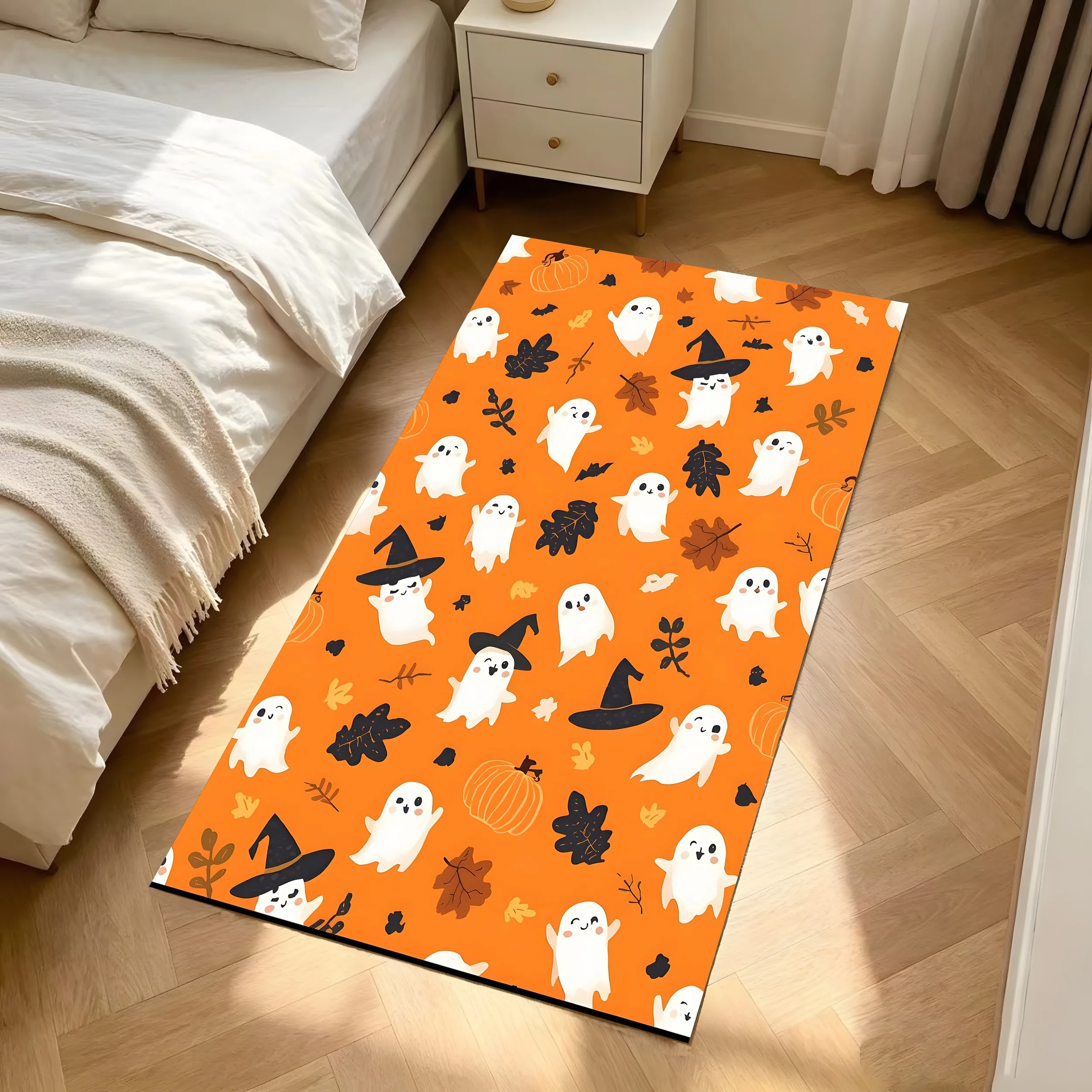 Cute Velvet Halloween Rug with a Spooky Maple Leaf Pattern, Perfect for Living Room and Bedroom, Ideal for Autumn and Winter.