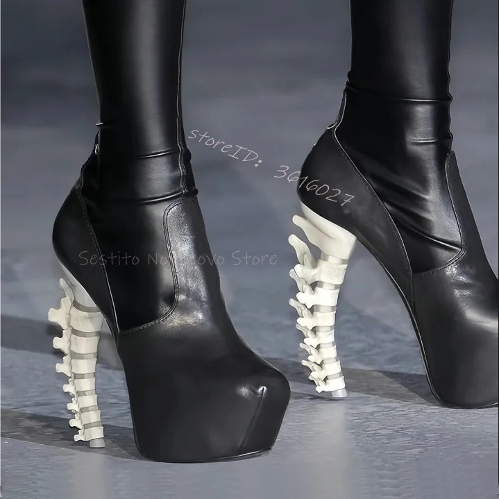 Platform Bone Shape Strange High Heels Over The Knee Boot Black Leather Cool Girl Sewing Fashion Women Stage Party Dress Booties