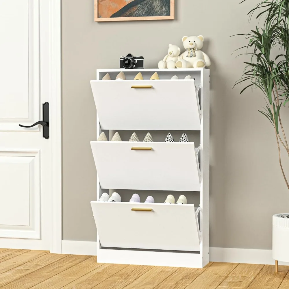 

Entrance Shoe Cabinet with 3 Clamshell Drawers, Wooden Hidden Shoe Locker, Hallway Freestanding Shoe Storage Cabinet, White