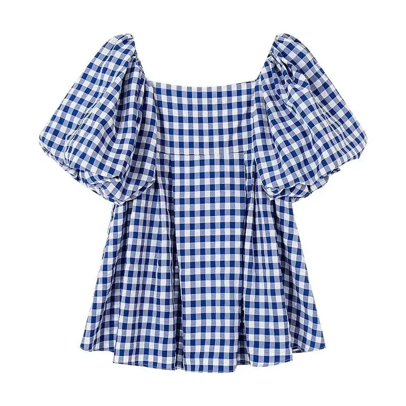 Short Sleeved Square Neck Blue White Grid Dress for Women\'s Summer New Loose French Light Mature Gentle Style Casual Shirt Top