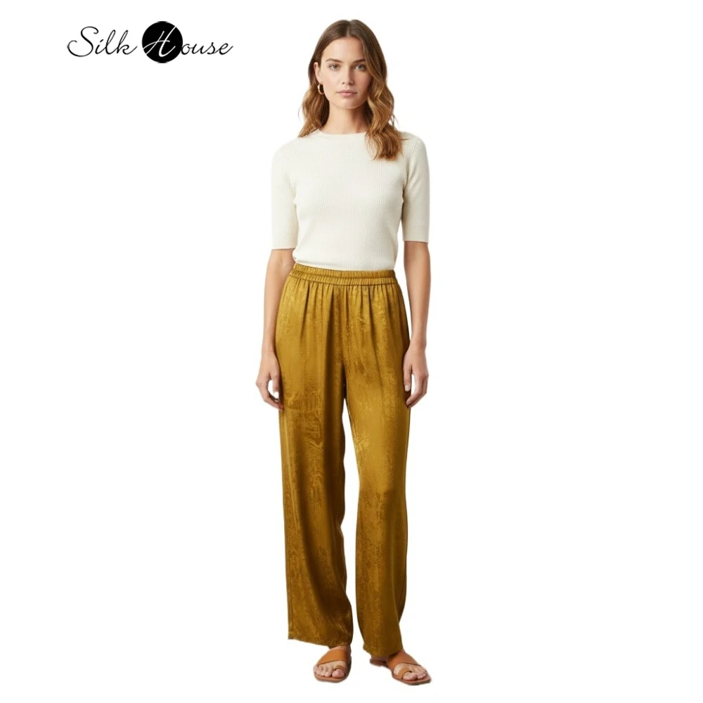 

Women's Spring/Autumn Fashion Clothing Gilded Ginger Yellow 100% Natural Mulberry Silk Jacquard Satin Versatile Straight Pants