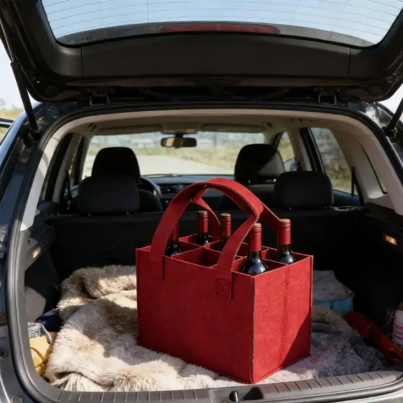 Practical Felt Wine Holder For 6 Bottles Design Protective Compartment And Ergonomic Handle For Wine Easy Carrying 