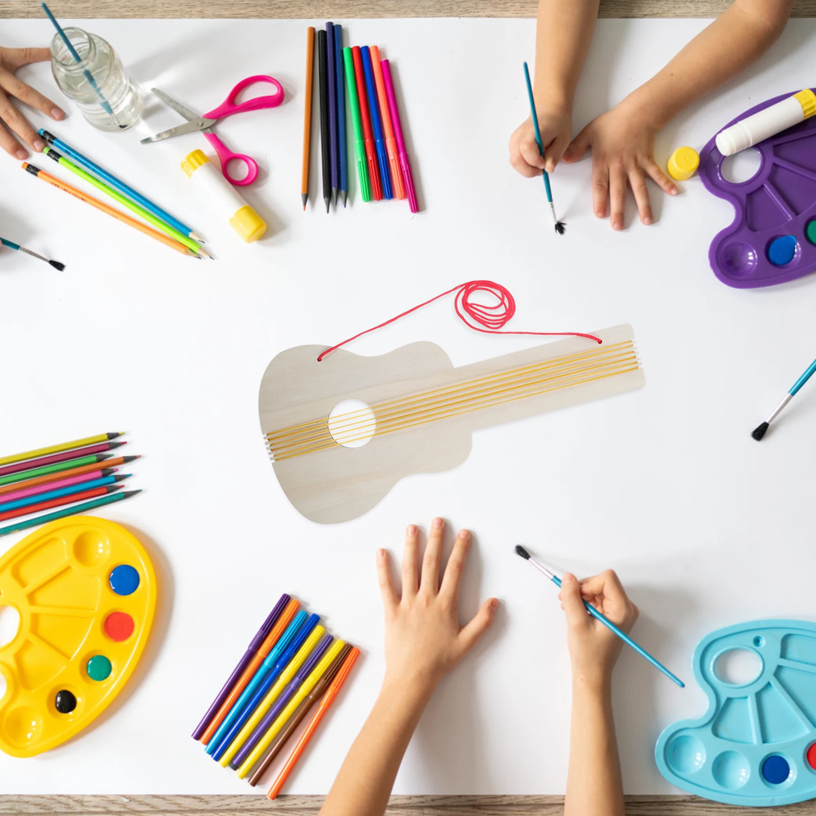 4 قطعة الغيتار الخشبي رياض الأطفال DIY بها بنفسك الحرفية مجموعة أدوات رسم لم تنته الاطفال آلة موسيقية مشروع الغيتار الاطفال أداة عزف موسيقى