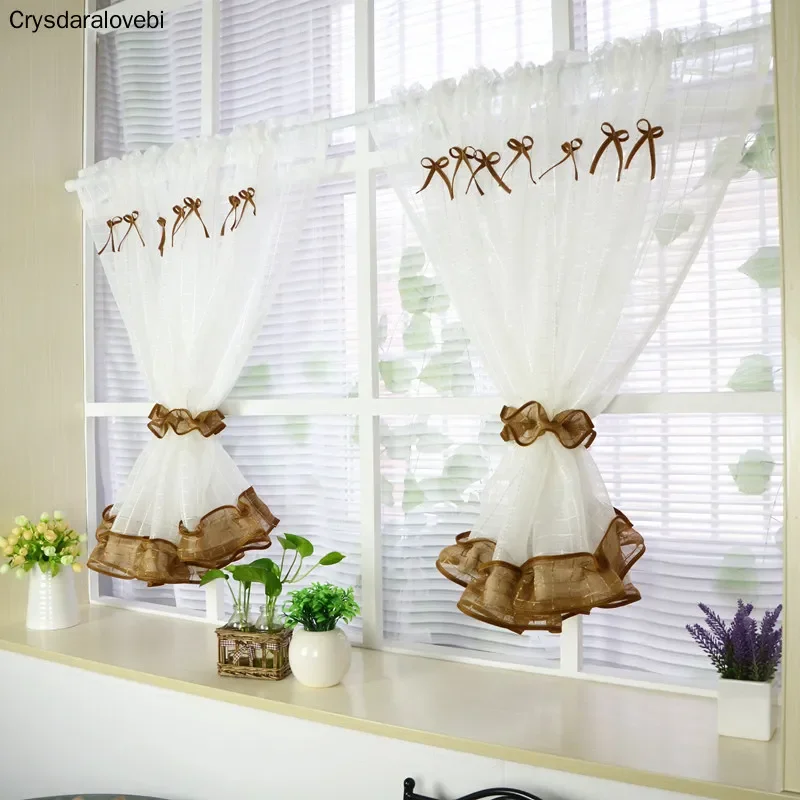2pcs Short Tulle Curtain with Ties Pastoral Curtains Kitchen Small Sheer Drapes for Cabinet/balcony/window