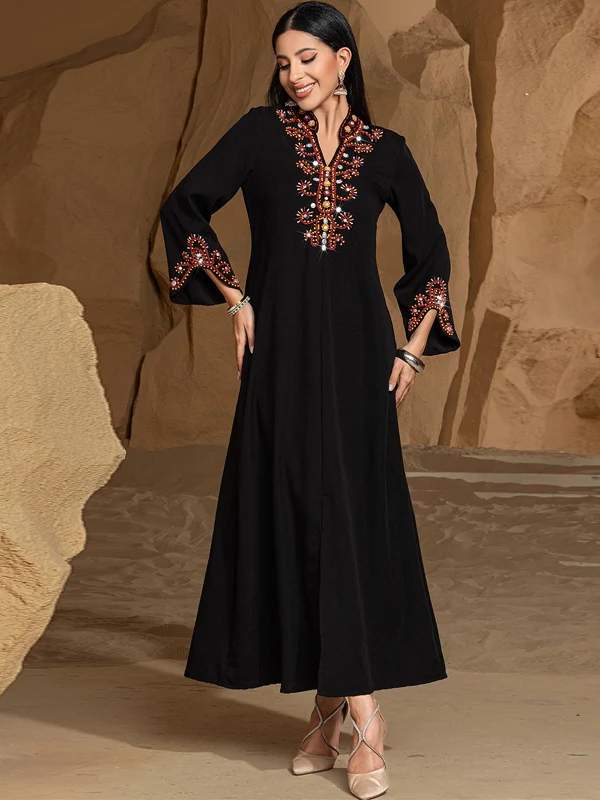 엘레 블라 비즈 장식 브이넥 미디 드레스 빈티지 스타일 휴가복 중동 여성 패션 3/4 길이 A라인 드레스