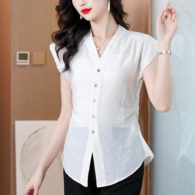 

Summer Short Sleeved Cotton And Linen Shirt Fashion Casual Solid Color Women's Shirt Office Lady Blouses