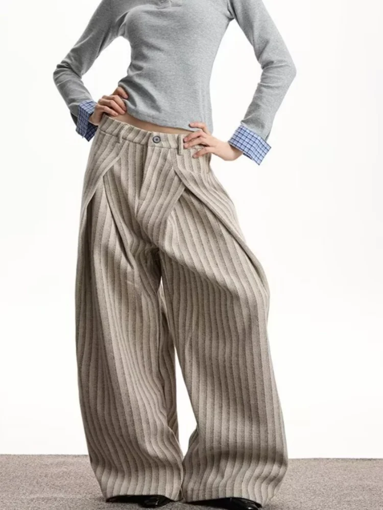 2026 Trend Y2K Style Baggy Striped Pleated Women's Casual Jeans Pants For Woman Clothing Wide Leg Harajuku Cotton Long Trousers