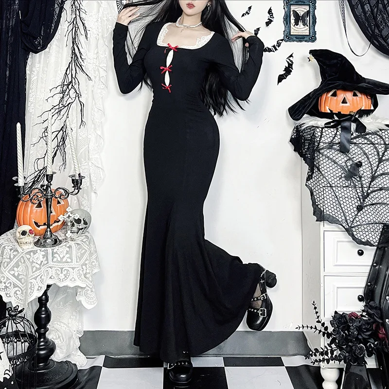 You're My SecExamen-Robe gothique à manches longues et col carré pour femme, t-shirts en queue de poisson, robe de batterie con, costume d'Halloween, patchwork, nouveau