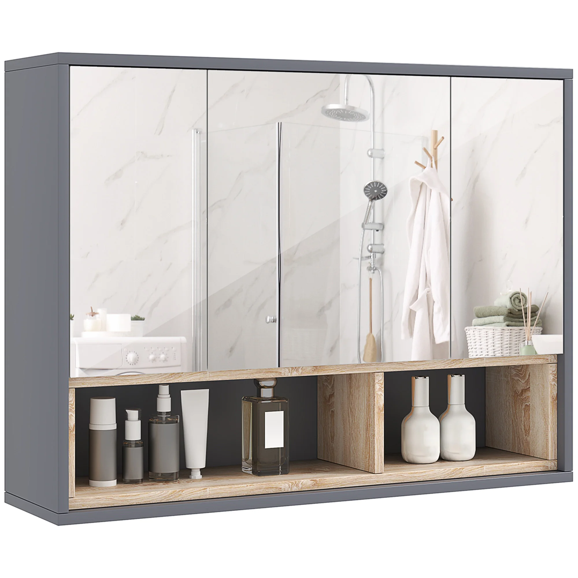 Armario mural HOMCOM, mueble de baño con espejo, armario colgante, espejo de baño con almacenamiento, armarios con 3 puertas y 8 compartimentos, Sun. 80L x 20l x 60H cm, Gris