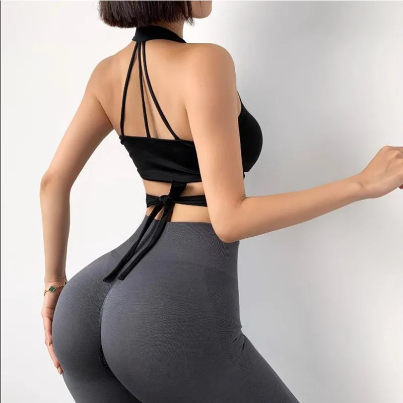 Sexy Nylon Back Bandage Workout Gym Yoga Bras High Impact Padded Longline Sports Brassiere