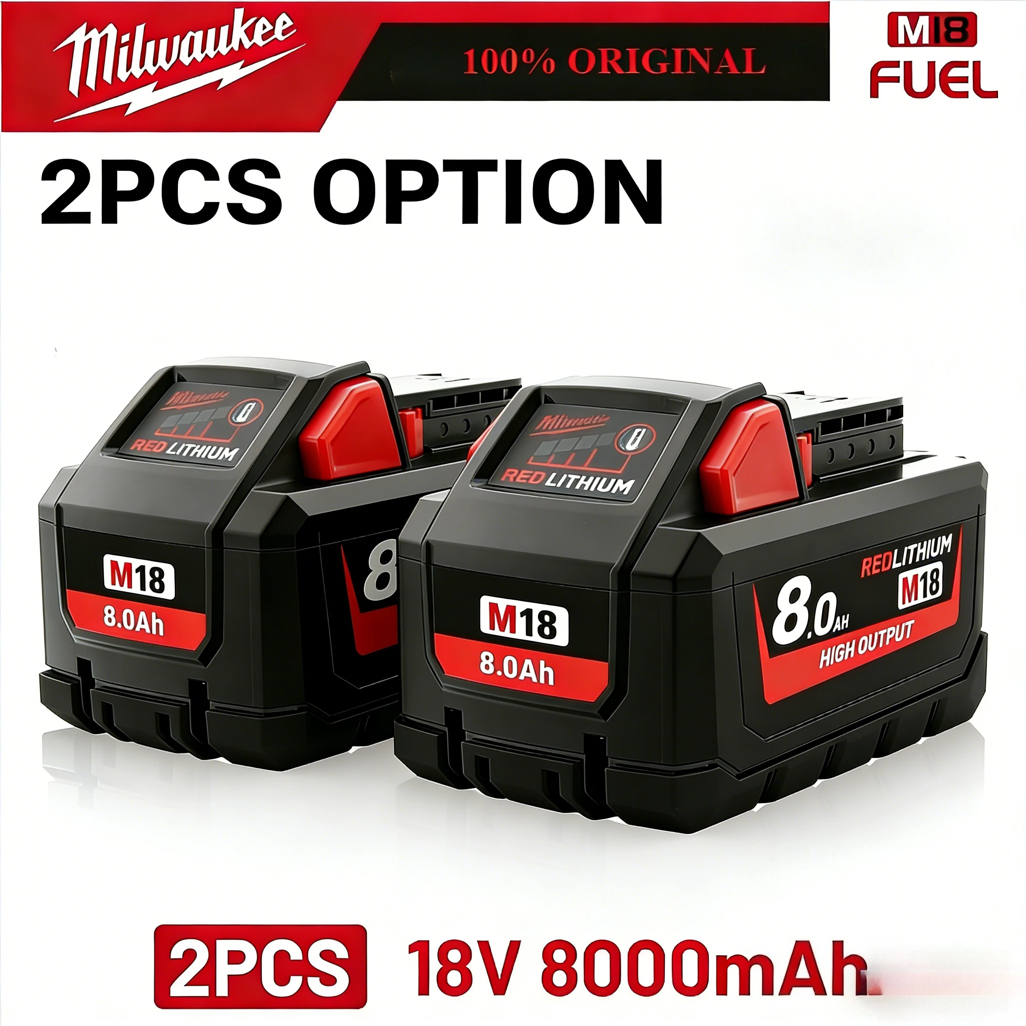 

Suitable for Milwaukee M18 18V red lithium XC 8.0Ah, rechargeable battery, with LED power indicator, longer running time.