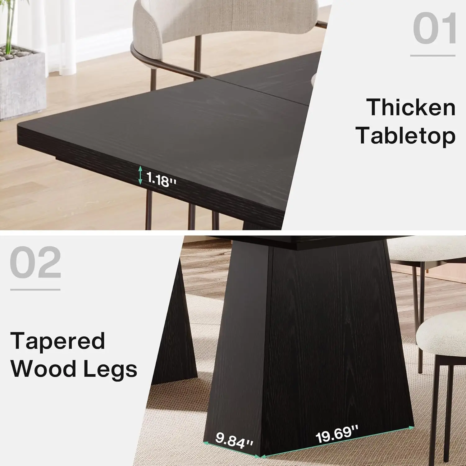 Black Dining Table for 4-6, Modern Kitchen Table with Sturdy Tapered Wood Legs, Rectangular Dinner Table with Large Tabletop for