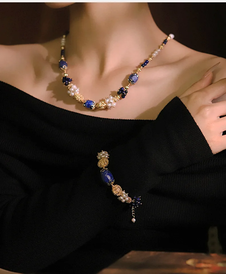 

Natural Freshwater Pearl Lapis Lazuli Beads Jewelry Set Women's Charm Choker Versatile Neck Chain Collar Bracelet Gift for Party
