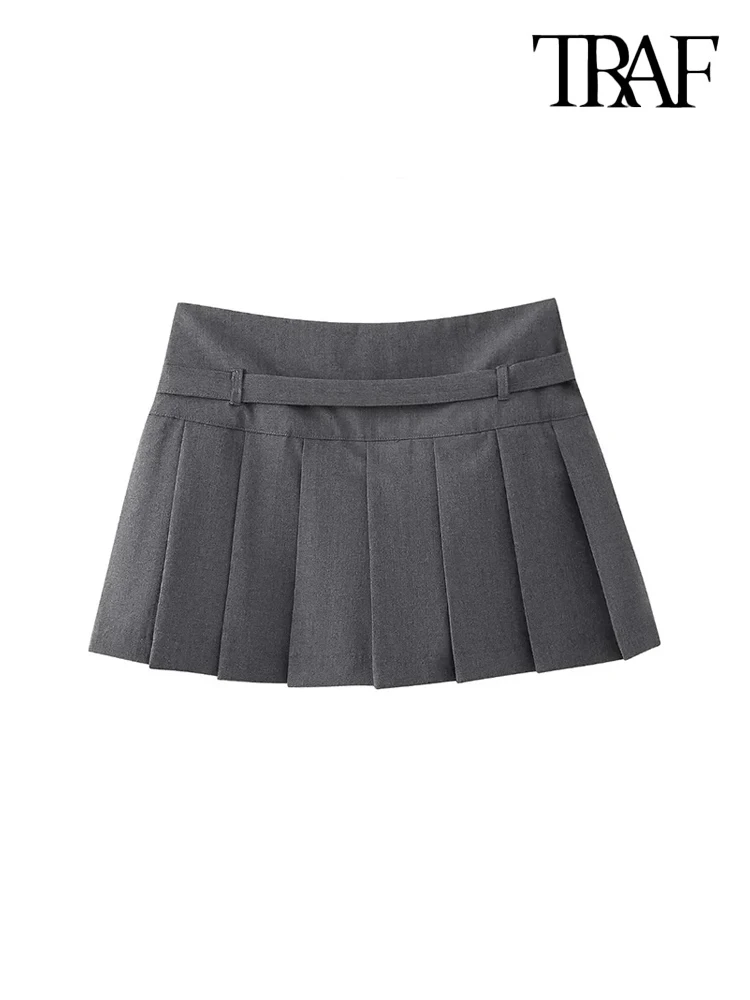 TRAF-Pleated Shorts Skirts dla kobiet, z paskiem, boczny zamek błyskawiczny, średnio wysoka talia, kobiece spodenki, moda