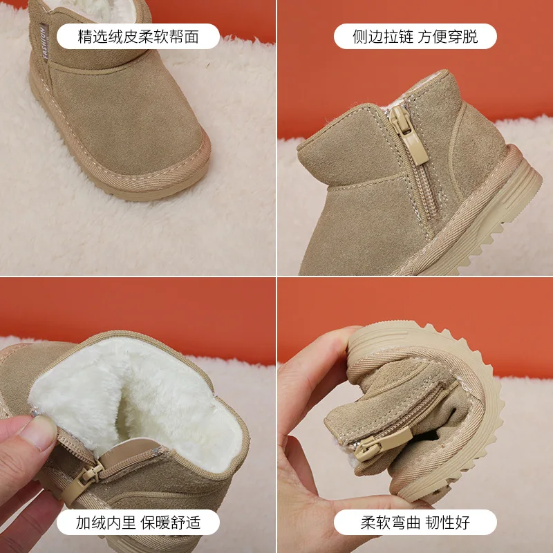 2023 New Winter Baby Snow Boots Leather Warm Plush Infant Shoes Zip Side Soft Sole Fashion Toddler Boys Girls Boots 15-25