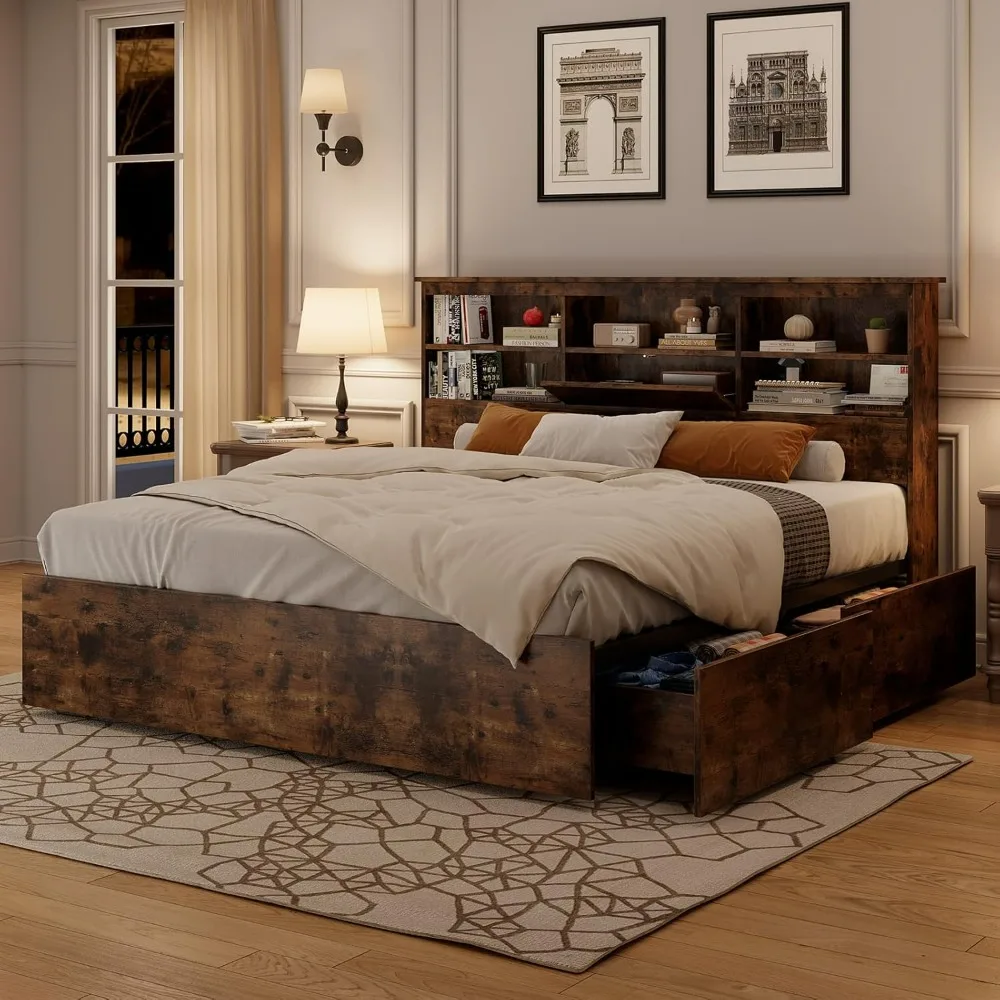 Bed Frame with High Storage Bookcase Headboard, Wood Bed Frame with 4 Storage Drawers, No Box Spring Needed, Metal Frame,Beds