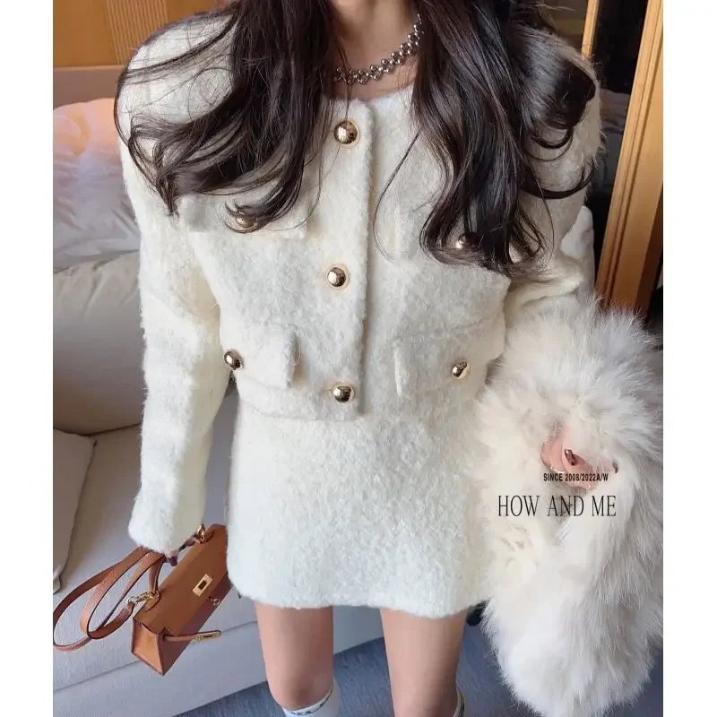 Gagarich Korean Style Small Fragrant Style Lamb Plush Jacket Half Body Skirt 2024 Winter New Fashion Woman Two-piece Set