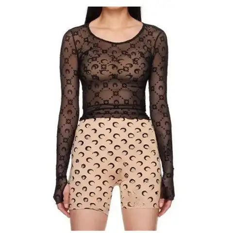 Sexy Top Women Long Sleeve Korean Sweet Spicy Hollow Out Mesh Plush Moon Print Perspective Design Mushroom Edge Tight Tshirt