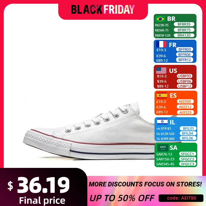 Converse Chuck Taylor All Star Men and Women Skateboarding Shoes Low-top Outdoor Lightweight Vintage Sneaker White