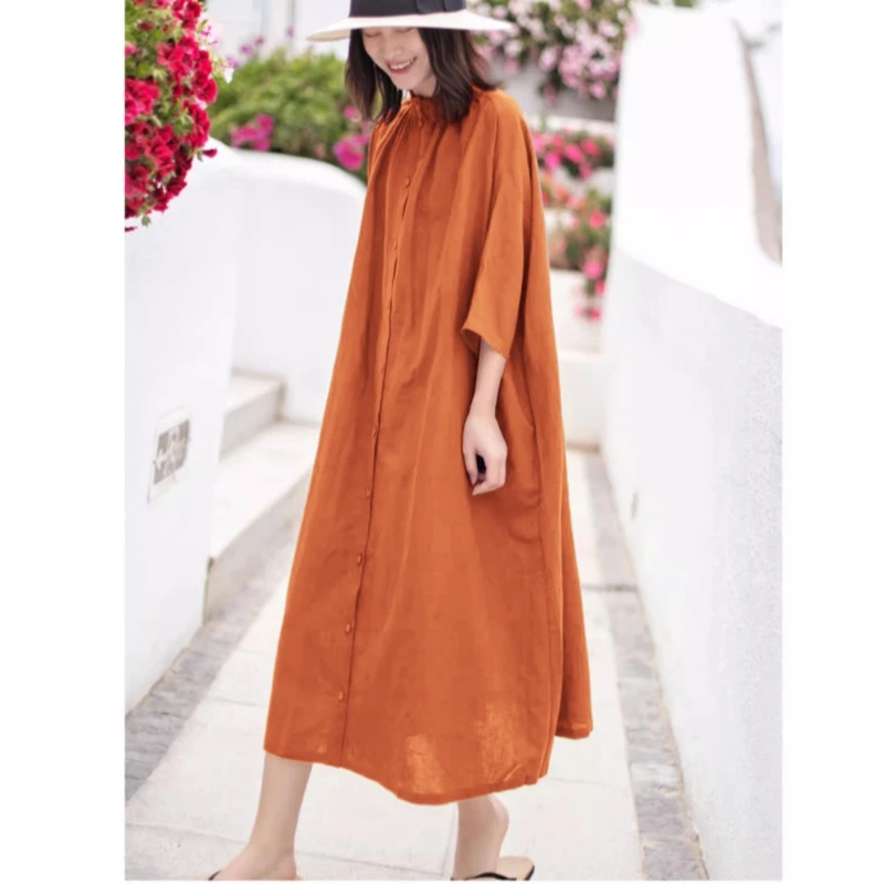 Ele coupe ample lin Dr minceur grande taille Vintage Sle t-shirt quart Sve Long Dr pour les femmes réduction de l'âge moyen